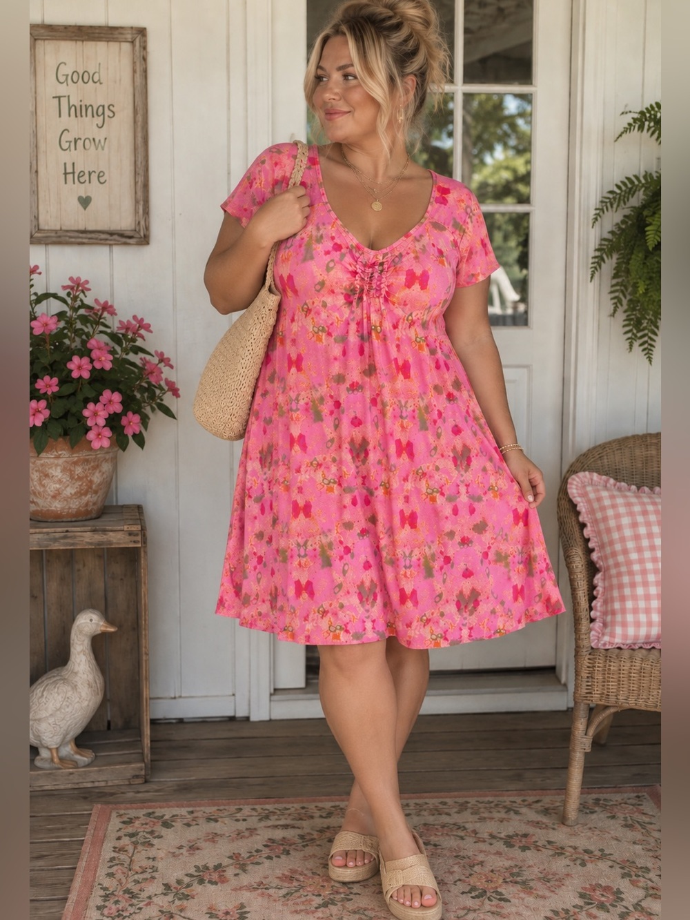 vintage y2k fresh produce pink floral maxi dress xl made in usa rayon stretch